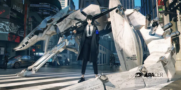 1girl,crosswalk,solo,closed_mouth,ground_vehicle,city,coat,jacket,wide_shot,building,outdoors,holding_weapon,over_shoulder,holding_gun,holding,collared_shirt,motor_vehicle,robot,mecha,gun,horizontal,formal,weapon,car,white_shirt,looking_at_viewer,science_fiction,standing,weapon_over_shoulder,english_text,street,shirt,armband,pants,suit,open_clothes,road,long_hair,shoes,necktie,black_hair,black_jacket,black_pants,black_footwear,black_necktie