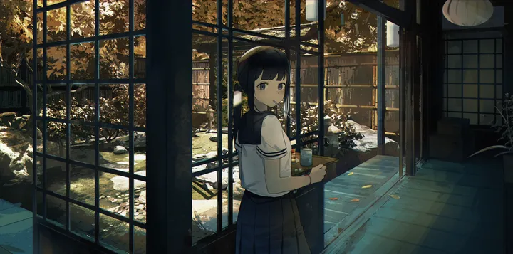 1girl,bangs,solo,looking_back,indoors,holding,wooden_floor,tree,school_uniform,horizontal,serafuku,sailor_collar,sliding_doors,white_shirt,pleated_skirt,blunt_bangs,looking_at_viewer,short_sleeves,skirt,autumn_leaves,window,standing,from_behind,shirt,long_hair,scenery,black_hair,black_sailor_collar,black_skirt