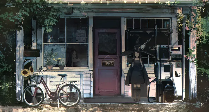 2girls,sign,bangs,sunflower,ground_vehicle,multiple_girls,jacket,hat,outdoors,holding,plant,horizontal,cat,day,looking_at_viewer,window,standing,bicycle,socks,thighhighs,dress,long_hair,long_sleeves,scenery,flower,yellow_flower,black_hair,black_dress,black_footwear