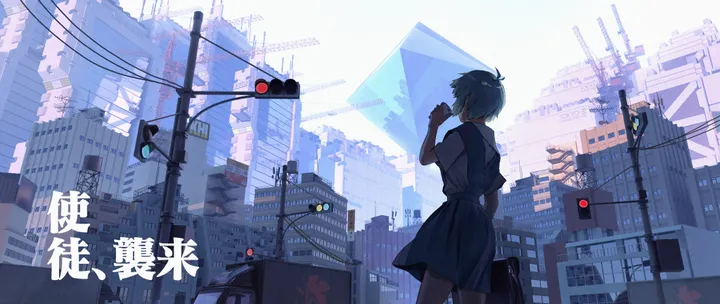 1girl,antenna_hair,traffic_light,bag,solo,suspender_skirt,city,cityscape,building,outdoors,holding,school_uniform,horizontal,utility_pole,power_lines,white_shirt,short_hair,short_sleeves,skirt,standing,from_behind,blue_hair,blue_skirt,shirt,scenery