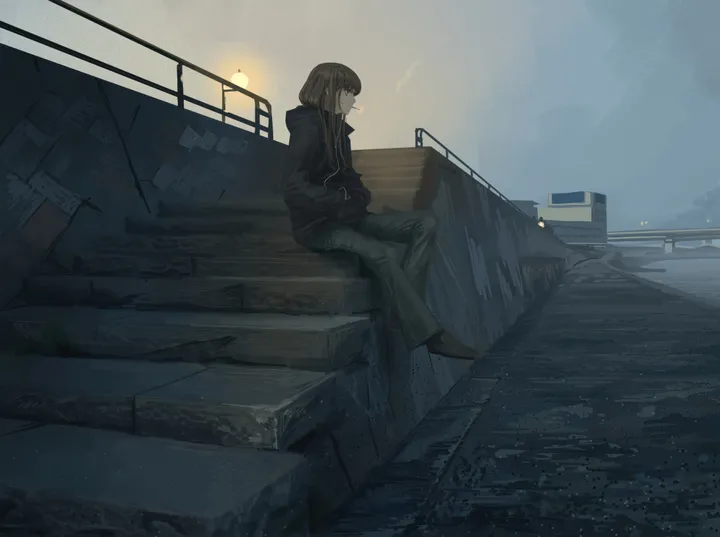 1girl,hood,solo,hands_in_pockets,stairs,sitting,sky,jacket,building,outdoors,brown_hair,horizontal,hood_down,pants,hoodie,long_hair,scenery