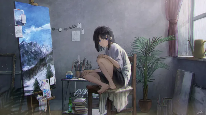 1girl,medium_hair,book,cloud,bangs,solo,knee_up,closed_mouth,sitting,sky,indoors,painting_object,chair,plant,horizontal,bottle,easel,day,white_shirt,potted_plant,picture_frame,looking_at_viewer,short_hair,shorts,window,curtains,paintbrush,signature,purple_eyes,shirt,barefoot,scenery,black_hair,black_shorts