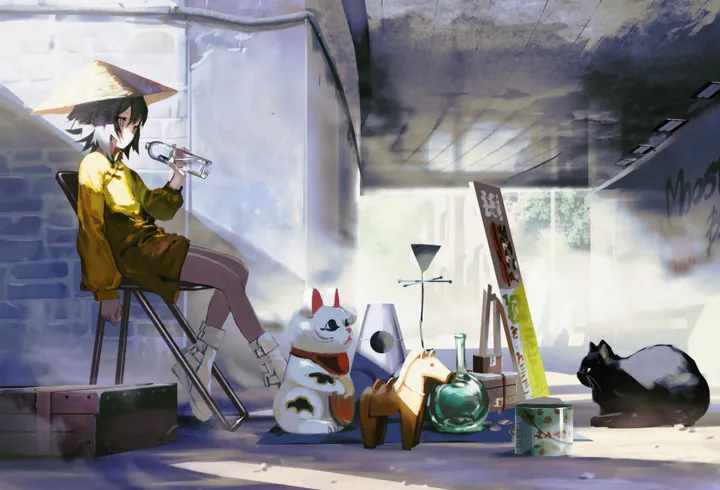 1girl,medium_hair,solo,drinking,sitting,indoors,hat,maneki-neko,holding,chair,horizontal,water_bottle,cat,bottle,white_footwear,long_sleeves,boots,yellow_shirt,black_hair,black_cat