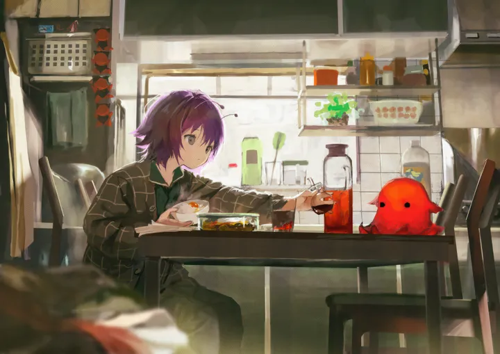 1girl,bangs,blurry_foreground,solo,kitchen,closed_mouth,sitting,indoors,holding,holding_chopsticks,depth_of_field,collared_shirt,table,chair,plant,blurry,horizontal,grey_eyes,bottle,potted_plant,short_hair,bowl,holding_bowl,chopsticks,purple_hair,green_shirt,shirt,pants,antennae,long_sleeves,food