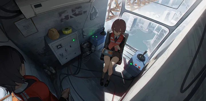 2girls,from_above,bag,sitting,multiple_girls,jacket,holding,brown_hair,brown_eyes,horizontal,short_hair,window,cable,shirt,socks,long_sleeves,shoes,black_hair