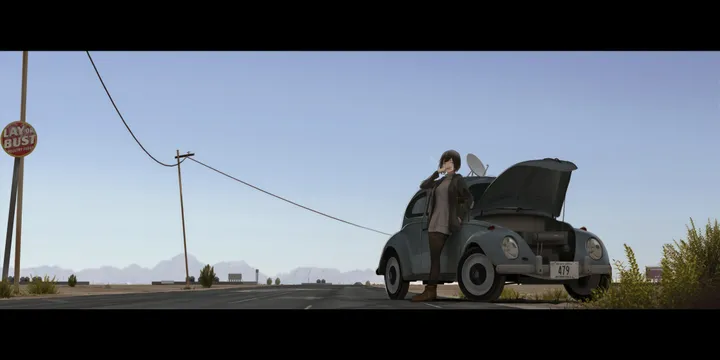 1girl,sign,solo,smoking,ground_vehicle,coat,sky,jacket,wide_shot,outdoors,motor_vehicle,horizontal,car,letterboxed,utility_pole,power_lines,day,short_hair,standing,blue_sky,pants,road,road_sign,vehicle_focus,scenery,cigarette,black_hair