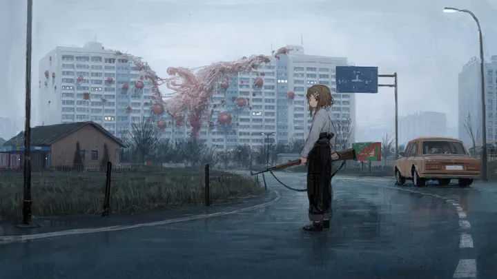 1girl,sign,solo,truck,ground_vehicle,sky,building,outdoors,holding_weapon,holding_gun,holding,motor_vehicle,gun,tree,brown_hair,brown_eyes,horizontal,rifle,weapon,car,white_shirt,short_hair,standing,shirt,pants,road,lamppost,long_sleeves,shoes,scenery,black_pants,black_footwear