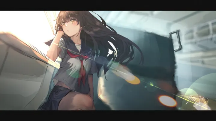 1girl,neckerchief,train_interior,bangs,solo,ground_vehicle,sitting,school_uniform,brown_hair,brown_eyes,horizontal,serafuku,sailor_collar,hand_in_own_hair,letterboxed,white_shirt,pleated_skirt,short_sleeves,skirt,signature,red_neckerchief,blue_skirt,shirt,lens_flare,long_hair,black_hair