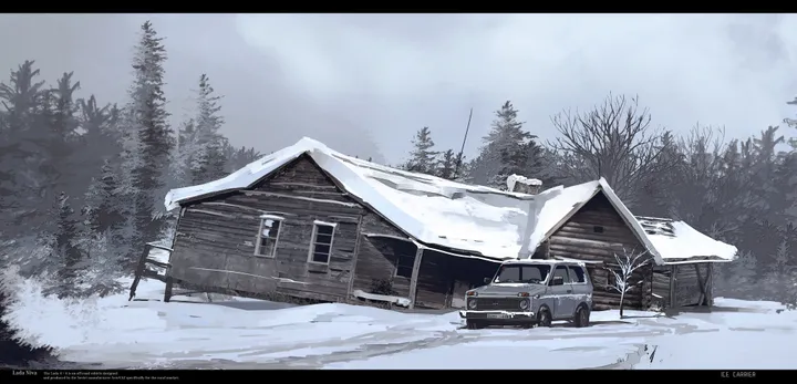 cloud,artist_name,winter,truck,ground_vehicle,nature,sky,outdoors,house,motor_vehicle,tree,forest,horizontal,watermark,car,no_humans,letterboxed,vehicle_focus,snow,scenery