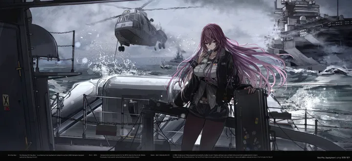 1girl,breasts,cloud,military,military_vehicle,warship,bangs,solo,closed_mouth,cloudy_sky,sky,jacket,very_long_hair,outdoors,collared_shirt,brown_pantyhose,horizontal,water,ocean,ship,white_shirt,belt,helicopter,looking_at_viewer,shorts,standing,pink_hair,short_shorts,purple_hair,watercraft,english_text,shirt,legwear_under_shorts,open_jacket,open_clothes,vehicle_focus,pantyhose,long_hair,long_sleeves,floating_hair,airplane,aircraft,black_jacket,black_shorts,black_pantyhose