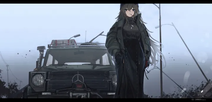 1girl,military,military_vehicle,solo,hands_in_pockets,smoking,ground_vehicle,sky,jacket,hat,very_long_hair,outdoors,gloves,motor_vehicle,brown_hair,horizontal,jewelry,mouth_hold,letterboxed,looking_at_viewer,skirt,blue_eyes,open_clothes,lamppost,long_hair,long_sleeves,long_skirt,necklace,cigarette