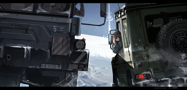 1girl,animal_ears,military,solo,truck,ground_vehicle,hat,outdoors,motor_vehicle,brown_hair,horizontal,letterboxed,looking_at_viewer,english_text,long_hair,snow,scenery