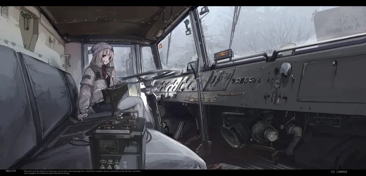 1girl,solo,ground_vehicle,sitting,jacket,hat,motor_vehicle,tree,horizontal,car_interior,grey_hair,letterboxed,english_text,pants,long_hair,long_sleeves,snow