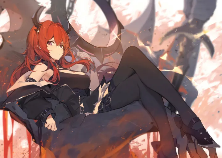 1girl,breasts,crossed_legs,bangs,sword,solo,sitting,jacket,hair_between_eyes,demon_girl,demon_horns,horizontal,weapon,looking_at_viewer,purple_eyes,red_hair,chest_strap,horns,open_jacket,large_breasts,thighhighs,dress,pantyhose,long_hair,long_sleeves,bare_shoulders,off_shoulder,high_heels,black_jacket,black_thighhighs,black_dress,black_footwear