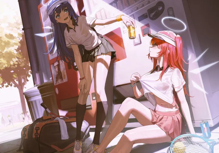 2girls,detached_wings,breasts,bag,kneehighs,backpack,one_side_up,sitting,multiple_girls,thighs,halo,racket,open_mouth,outdoors,hand_on_own_knee,bracelet,holding_can,holding,lifted_by_self,clothes_lift,can,collared_shirt,horizontal,water_bottle,sweat,jewelry,ball,bottle,day,white_shirt,white_footwear,pleated_skirt,looking_at_another,short_sleeves,skirt,alternate_costume,standing,smile,pink_skirt,red_hair,red_eyes,tennis_uniform,tennis_racket,wings,navel,blush,wristband,vending_machine,blue_hair,blue_eyes,duffel_bag,shirt,socks,wet_shirt,shirt_lift,bare_legs,horns,leaning_forward,sportswear,sneakers,miniskirt,visor_cap,long_hair,midriff,alternate_hairstyle,shoes,energy_wings,black_skirt