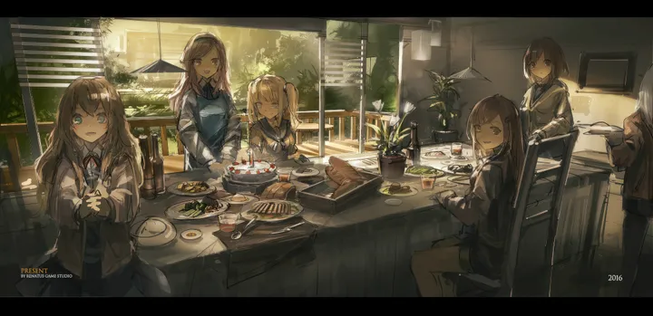 5girls,6-girls,bangs,twintails,closed_mouth,apron,sitting,multiple_girls,hair_ornament,indoors,open_mouth,tray,cup,school_uniform,table,brown_hair,brown_eyes,chair,plant,horizontal,serafuku,letterboxed,potted_plant,plate,looking_at_viewer,short_hair,skirt,window,standing,smile,green_eyes,blue_eyes,cake,shirt,pantyhose,drinking_glass,blonde_hair,long_hair,long_sleeves,food,fork