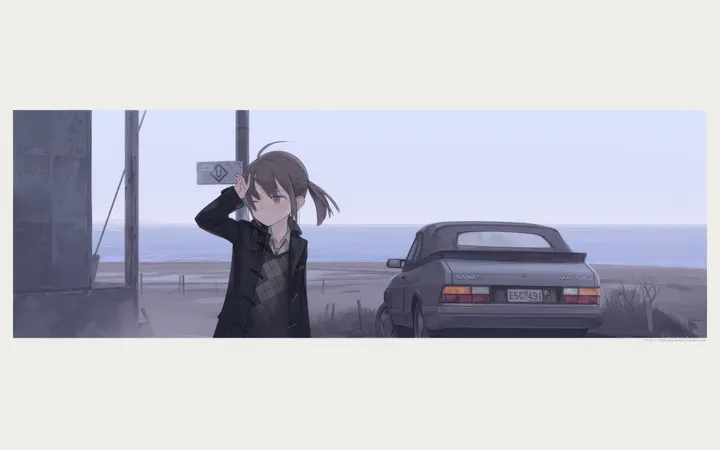 1girl,arm_up,upper_body,sign,bangs,solo,twintails,ahoge,closed_mouth,ground_vehicle,sky,jacket,outdoors,collared_shirt,motor_vehicle,brown_hair,brown_eyes,horizontal,sweater,sweater_vest,car,ocean,grey_sweater,day,white_shirt,shirt,open_jacket,open_clothes,long_sleeves,necktie,ponytail,black_jacket