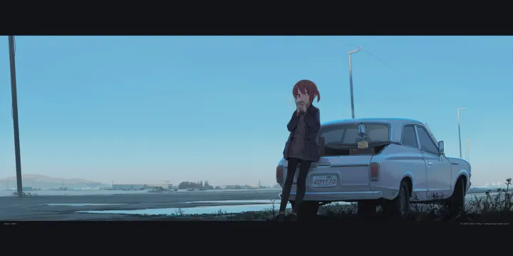 1girl,solo,breath,ground_vehicle,sky,jacket,wide_shot,outdoors,holding,motor_vehicle,brown_hair,brown_eyes,horizontal,car,letterboxed,day,short_hair,standing,blue_sky,pants,open_clothes,vehicle_focus,scenery,black_pants