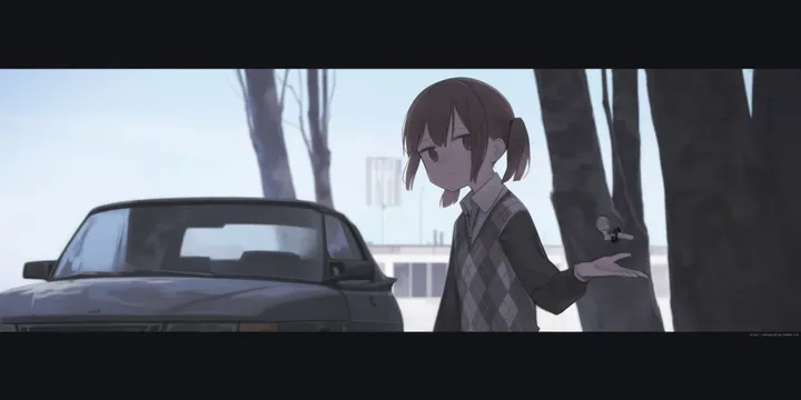 1girl,upper_body,bangs,solo,twintails,closed_mouth,ground_vehicle,sky,hair_between_eyes,outdoors,collared_shirt,motor_vehicle,tree,plaid,brown_hair,brown_eyes,horizontal,sweater_vest,car,letterboxed,day,white_shirt,looking_at_viewer,short_hair,vest,shirt,long_sleeves