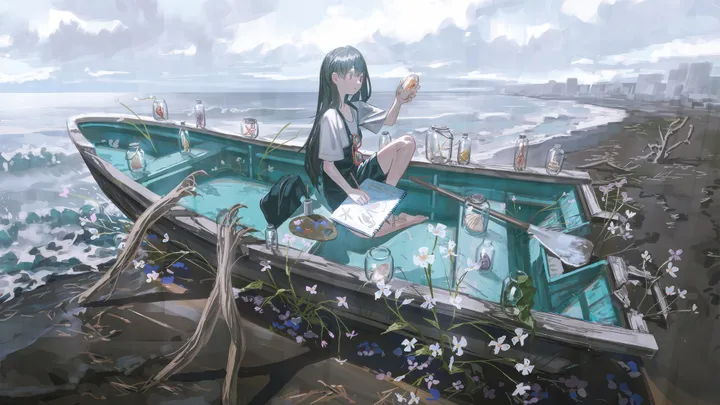 1girl,cloud,bangs,solo,sitting,cloudy_sky,sky,outdoors,holding,holding_paintbrush,cup,school_uniform,horizontal,painting_action,water,serafuku,sailor_collar,ocean,canvas_object,white_shirt,short_sleeves,skirt,paintbrush,boat,watercraft,shirt,barefoot,palette_object,long_hair,scenery,food,flower,black_hair,black_skirt