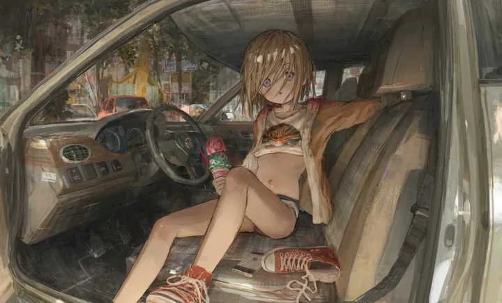 1girl,underboob,breasts,ice_cream,ice_cream_cone,bangs,solo,knee_up,ground_vehicle,sitting,jacket,hair_between_eyes,outdoors,holding,holding_food,motor_vehicle,horizontal,car,car_interior,denim,denim_shorts,looking_at_viewer,short_hair,shorts,short_shorts,red_footwear,navel,blue_eyes,shirt,open_jacket,open_clothes,small_breasts,sneakers,blonde_hair,midriff,crop_top,shoes,food