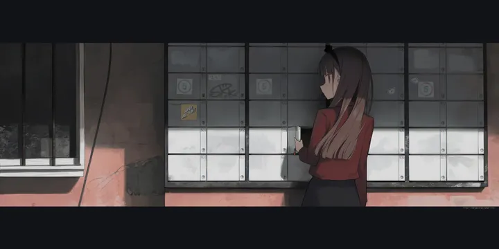 1girl,profile,bangs,solo,hairband,indoors,holding,brown_hair,horizontal,letterboxed,skirt,window,red_sweater,red_shirt,from_behind,shirt,long_hair,long_sleeves,black_hairband,black_hair,black_skirt