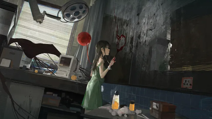 1girl,from_side,bangs,solo,indoors,sleeveless,sleeveless_dress,horizontal,balloon,sink,bottle,tiles,blinds,window,standing,green_dress,blood,dress,long_hair,black_hair