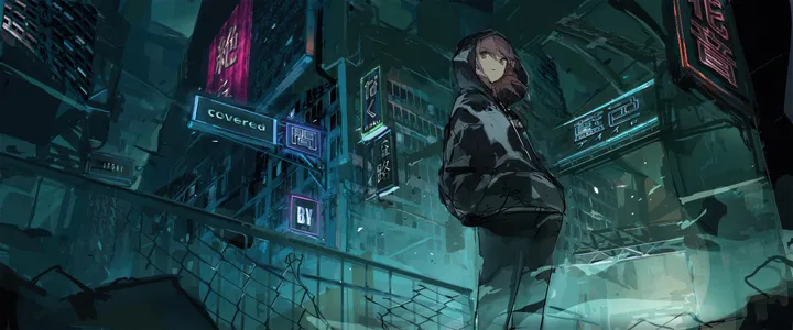 1girl,from_below,hood,sign,solo,hands_in_pockets,closed_mouth,city,night,jacket,building,hood_up,outdoors,fence,horizontal,looking_at_viewer,standing,pink_hair,purple_eyes,pants,hoodie,chain-link_fence,neon_lights