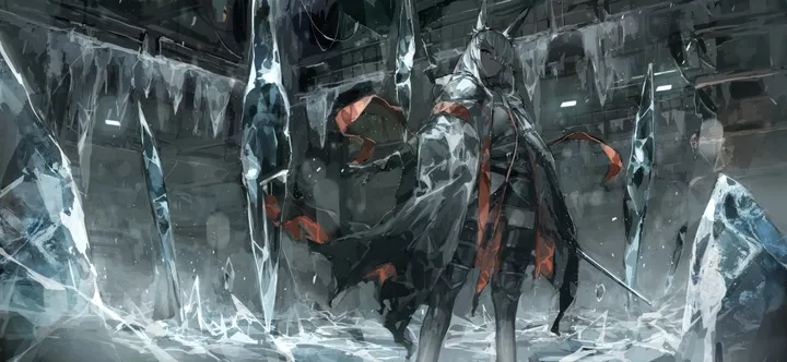 1girl,scar,rabbit_ears,hood,animal_ears,ice,sword,solo_focus,hairclip,coat,indoors,gloves,holding_weapon,holding,horizontal,weapon,grey_hair,grey_eyes,ear_ornament,white_coat,white_hair,looking_at_viewer,standing,scar_on_face,thighhighs,long_hair,boots,thigh_boots,black_gloves,scar_on_nose