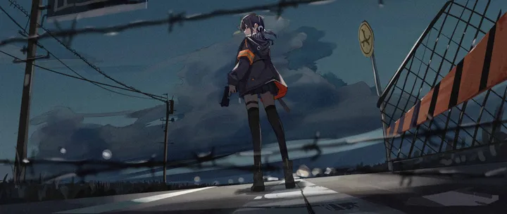 1girl,virtual_youtuber,cloud,hood,full_body,sign,solo,looking_back,cloudy_sky,thigh_strap,sky,jacket,outdoors,holding_weapon,holding_gun,holding,gun,fence,horizontal,weapon,utility_pole,power_lines,looking_at_viewer,standing,from_behind,blue_hair,blue_eyes,armband,road,road_sign,thighhighs,long_sleeves,shoes,black_jacket,black_thighhighs,black_footwear