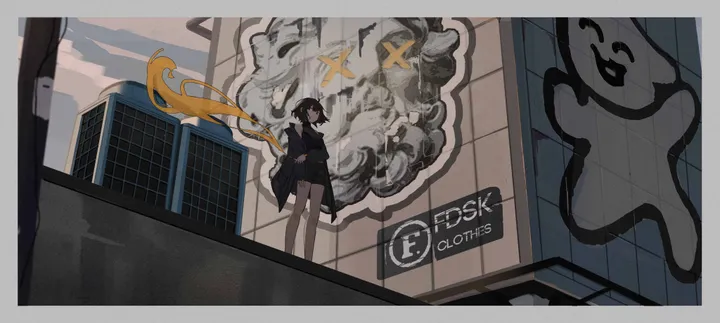 1girl,cloud,solo,closed_mouth,sky,jacket,building,outdoors,holding,horizontal,graffiti,smoke,looking_at_viewer,short_hair,skirt,standing,red_eyes,shirt,horns,black_hair,black_skirt,black_shirt