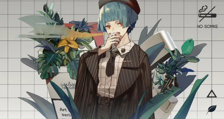 1girl,1boy,bangs,solo,character_name,smoking,jacket,hat,open_mouth,holding_cigarette,nail_polish,collared_shirt,striped,plant,horizontal,formal,jewelry,male_focus,white_shirt,blunt_bangs,looking_at_viewer,short_hair,red_eyes,earrings,english_text,blue_hair,shirt,suit,beret,long_sleeves,necktie,cigarette,flower,black_headwear,black_necktie