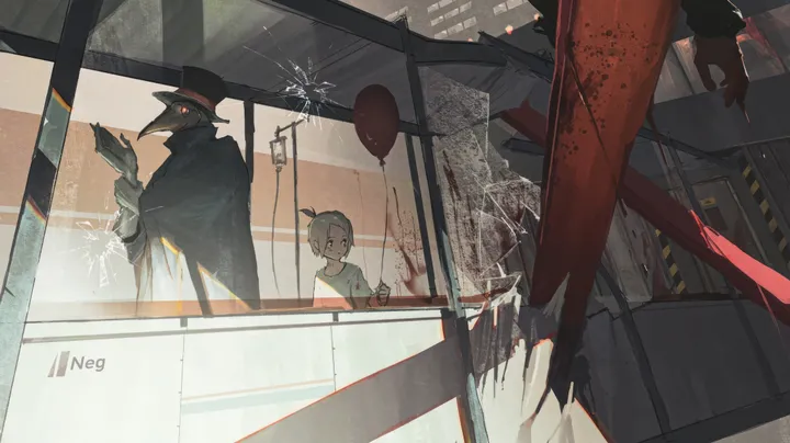 1girl,1boy,multiple_boys,hat,gloves,holding,holding_balloon,cloak,horizontal,balloon,glass,hospital_gown,white_gloves,white_shirt,short_hair,broken_glass,window,red_eyes,blood,shirt,mask,top_hat,black_headwear,black_cape,black_cloak