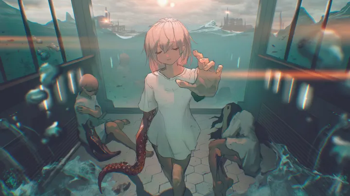 cloud,closed_eyes,reaching_towards_viewer,closed_mouth,sitting,multiple_girls,sky,sun,building,outdoors,blurry,horizontal,water,ocean,white_shirt,short_hair,short_sleeves,standing,octopus,watercraft,chromatic_aberration,shirt,tentacles,fish