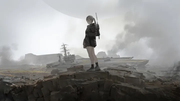 1girl,military,military_vehicle,bag,solo,backpack,sky,jacket,outdoors,brown_hair,horizontal,ship,looking_at_viewer,skirt,standing,watercraft,socks,long_sleeves,shoes,scenery,ponytail,black_jacket,black_footwear