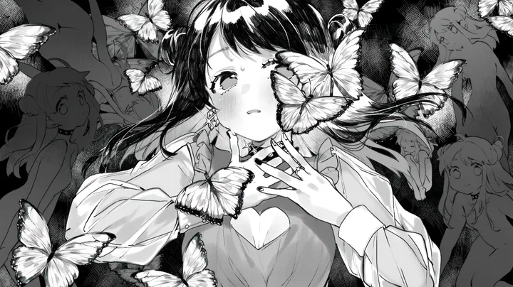 one_eye_covered,double_bun,breasts,cleavage,upper_body,on_back,bangs,monochrome,twintails,crying,hair_bun,multiple_girls,parted_lips,heart,ring,horizontal,jewelry,looking_at_viewer,tears,crying_with_eyes_open,earrings,blush,bug,butterfly,heart_cutout,clothing_cutout,nude,lying,long_hair,long_sleeves,cleavage_cutout,choker,greyscale