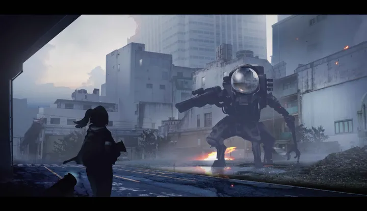 city,building,outdoors,holding_weapon,holding_gun,holding,robot,gun,horizontal,weapon,letterboxed,science_fiction,scenery