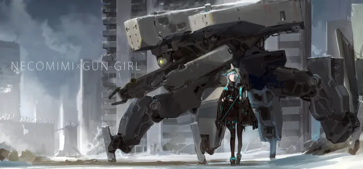 1girl,solo,jacket,ruins,outdoors,holding,robot,mecha,gun,horizontal,weapon,short_hair,science_fiction,standing,english_text,blue_eyes,pantyhose,black_jacket,black_pantyhose