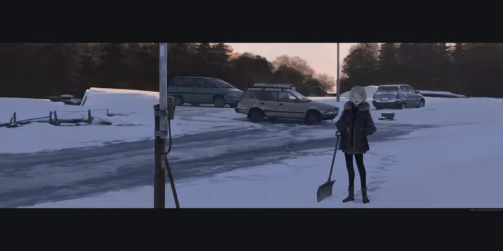 1girl,winter,winter_clothes,solo,ground_vehicle,coat,jacket,wide_shot,open_mouth,outdoors,gloves,holding,axe,motor_vehicle,tree,horizontal,weapon,car,letterboxed,standing,vehicle_focus,pantyhose,shovel,long_sleeves,boots,snow,scenery,black_jacket,black_pantyhose,black_footwear