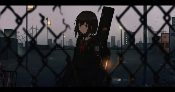 1girl,neckerchief,instrument_case,hood,sign,bangs,blurry_foreground,solo,guitar_case,closed_mouth,ground_vehicle,night,sky,jacket,building,outdoors,depth_of_field,motor_vehicle,fence,school_uniform,blurry,blurry_background,horizontal,water,serafuku,sailor_collar,hood_down,letterboxed,utility_pole,power_lines,pleated_skirt,short_hair,skirt,looking_away,red_neckerchief,red_eyes,shirt,open_jacket,open_clothes,road_sign,lamppost,hooded_jacket,chain-link_fence,long_sleeves,choker,bird,black_hair,black_jacket,black_serafuku,black_sailor_collar,black_skirt,black_shirt,black_choker