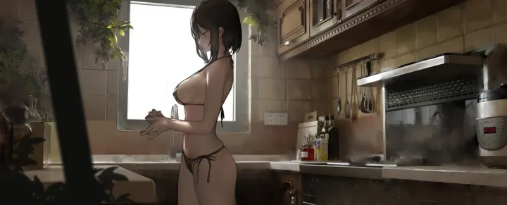 1girl,cowboy_shot,side-tie_bikini_bottom,medium_breasts,breasts,sideboob,from_side,profile,bangs,solo,kitchen,closed_eyes,closed_mouth,indoors,strap_gap,plant,horizontal,bikini,sink,swimsuit,bathroom,stove,bottle,tiles,tile_wall,potted_plant,short_hair,window,standing,string_bikini,soap_bottle,steam,bare_shoulders,black_hair,black_bikini