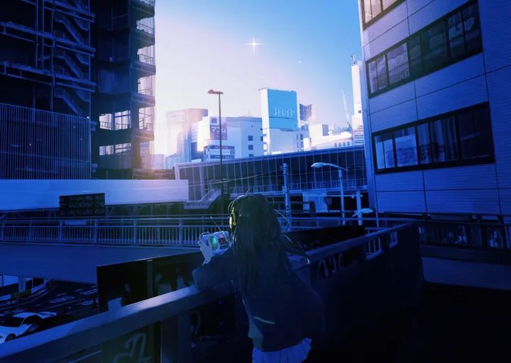 1girl,solo,city,cityscape,sky,jacket,building,outdoors,phone,holding,railing,horizontal,pleated_skirt,skirt,cellphone,from_behind,blue_theme,long_hair,scenery