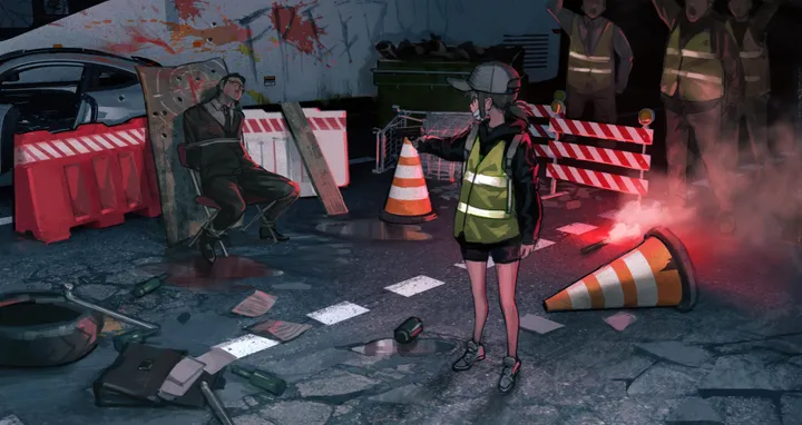 1girl,1boy,multiple_boys,jacket,hat,holding,baseball_cap,horizontal,formal,white_headwear,shorts,standing,paper,blood,shirt,pants,suit,traffic_cone,sneakers,long_hair,long_sleeves,shoes,necktie,black_hair,black_jacket,black_shorts,black_pants,black_footwear