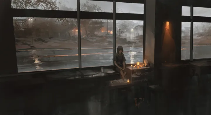 1girl,solo,reflection,sitting,indoors,wide_shot,tree,table,horizontal,water,window,shirt,barefoot,long_hair,scenery,black_hair