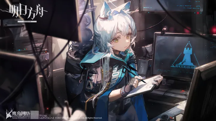 1girl,hood,animal_ears,clipboard,bangs,solo,jacket,gloves,holding_clipboard,holding,fingerless_gloves,monitor,horizontal,hood_down,copyright_name,cat_girl,cat_ears,white_hair,green_eyes,rhodes_island_logo,animal_ear_fluff,earpiece,open_clothes,dress,long_hair,black_jacket,black_gloves