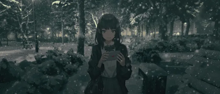 1girl,snowing,medium_hair,letter,envelope,dutch_angle,winter,bangs,bag,solo,closed_mouth,jacket,outdoors,holding,collared_shirt,tree,school_uniform,brown_eyes,horizontal,grey_skirt,white_shirt,pleated_skirt,looking_at_viewer,skirt,standing,smile,bow,shirt,open_jacket,open_clothes,road,long_hair,long_sleeves,snow,bowtie,scenery,black_hair,black_jacket,black_eyes,black_bowtie