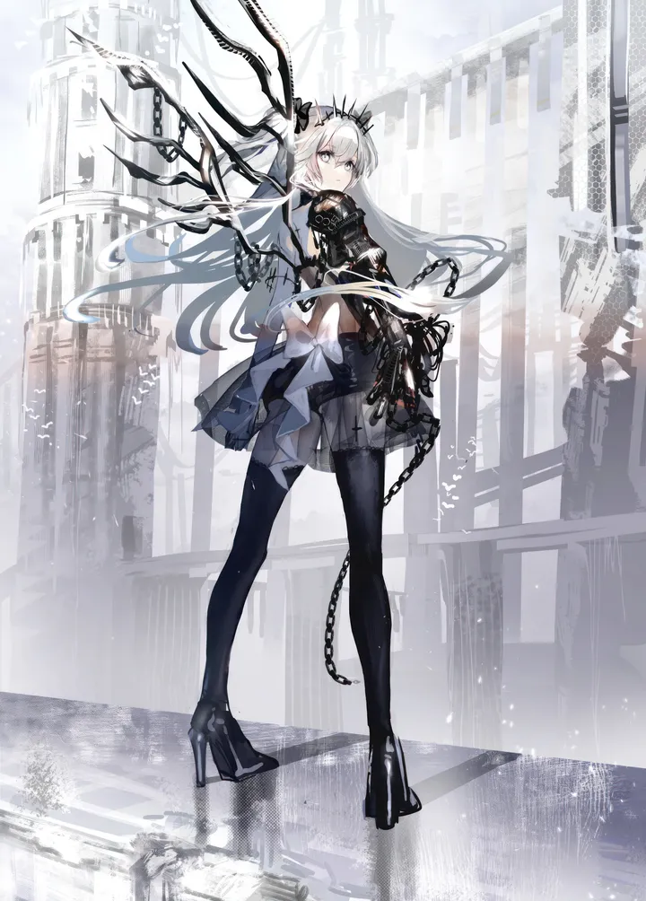 1girl,full_body,bangs,solo,closed_mouth,looking_back,weapon,grey_eyes,white_hair,looking_at_viewer,vertical,standing,from_behind,thighhighs,dress,pantyhose,chain,long_hair,high_heels,black_footwear