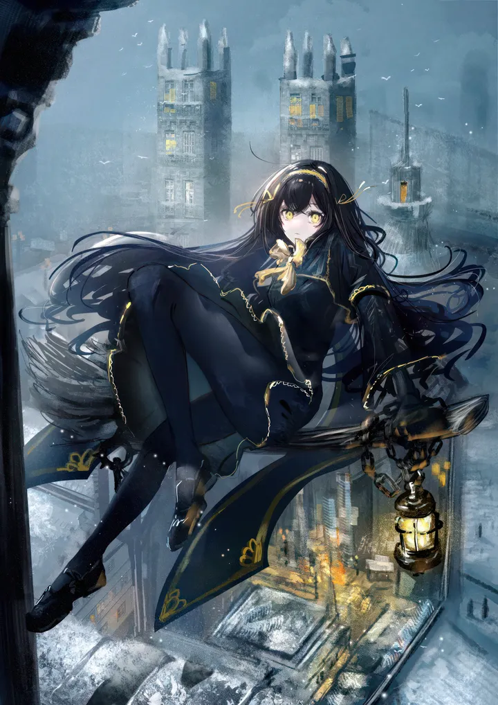 1girl,ribbon,sidesaddle,full_body,bangs,solo,hairband,closed_mouth,city,tower,sky,wide_sleeves,building,very_long_hair,outdoors,broom,holding,lantern,looking_at_viewer,vertical,bow,dress,pantyhose,gold_trim,long_hair,long_sleeves,shoes,bowtie,floating_hair,broom_riding,bird,yellow_ribbon,yellow_eyes,yellow_bow,yellow_bowtie,black_hair,black_gloves,black_dress,black_pantyhose,black_footwear