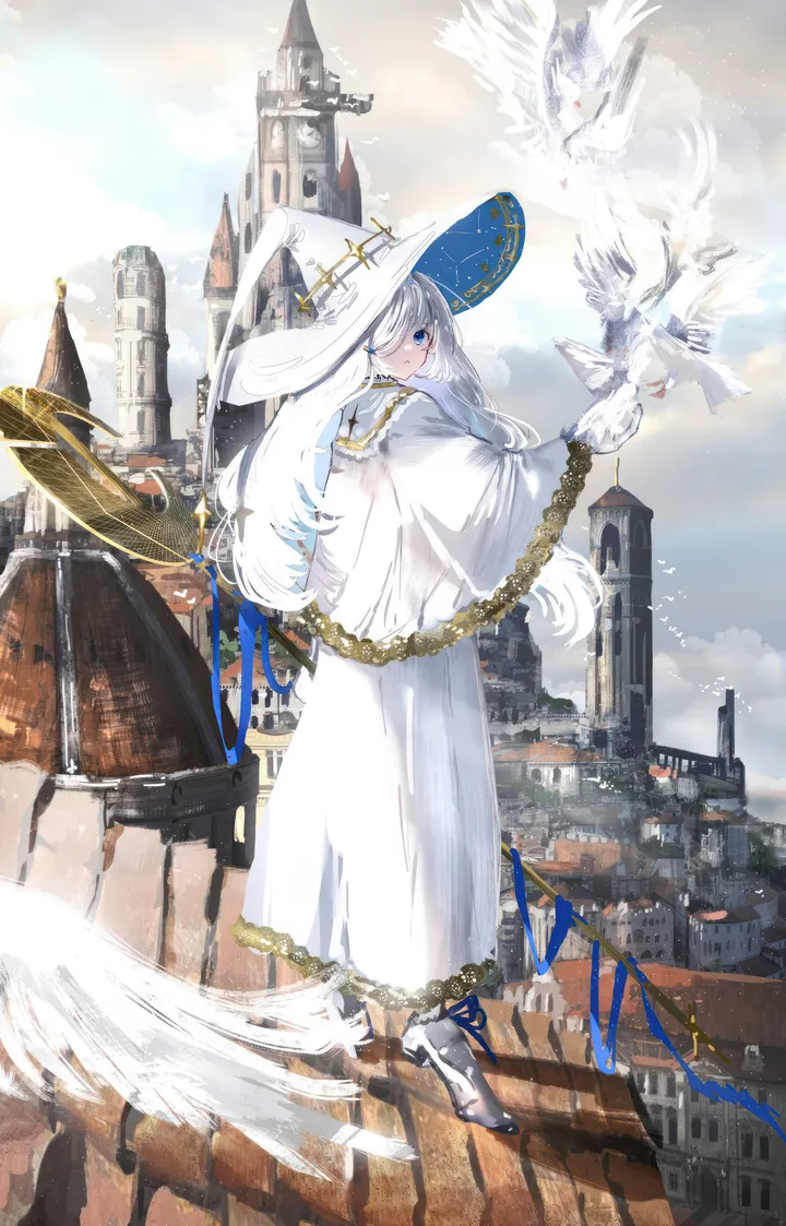 1girl,ribbon,cloud,full_body,bangs,animal,solo,closed_mouth,looking_back,cloudy_sky,sky,witch_hat,capelet,hat,building,outdoors,gloves,holding_staff,broom,holding,staff,white_hair,white_headwear,white_gloves,white_dress,white_footwear,white_bird,looking_at_viewer,robe,vertical,standing,blue_ribbon,blue_eyes,dress,long_hair,flying,witch,bird