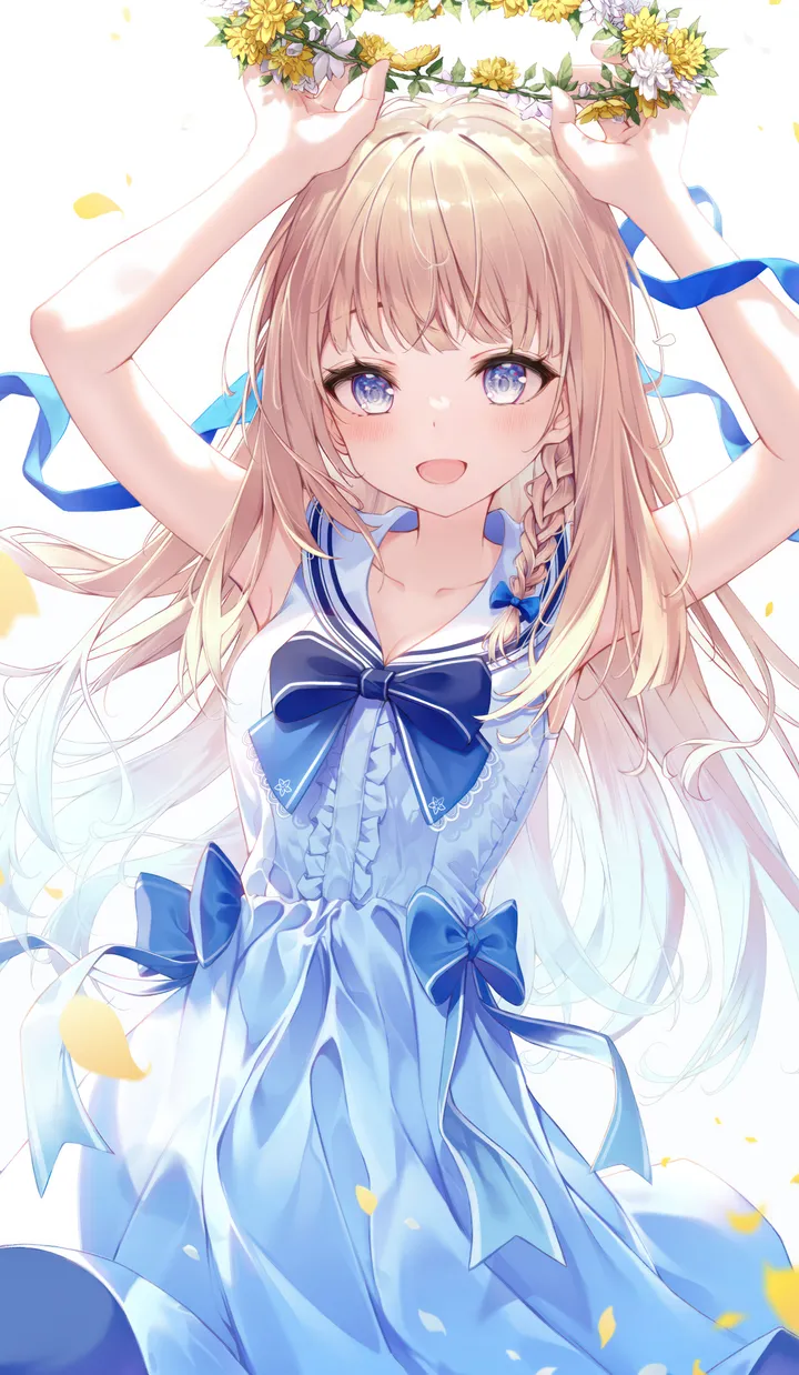 1girl,braid,ribbon,arms_up,breasts,bangs,solo,head_wreath,open_mouth,very_long_hair,holding,sleeveless,sleeveless_dress,simple_background,sailor_dress,sailor_collar,white_background,white_flower,white_dress,looking_at_viewer,vertical,smile,center_frills,blush,armpits,petals,frills,blue_ribbon,blue_sailor_collar,blue_eyes,blue_bow,bow,hair_bow,bare_arms,dress,blonde_hair,collarbone,long_hair,bare_shoulders,flower,yellow_flower